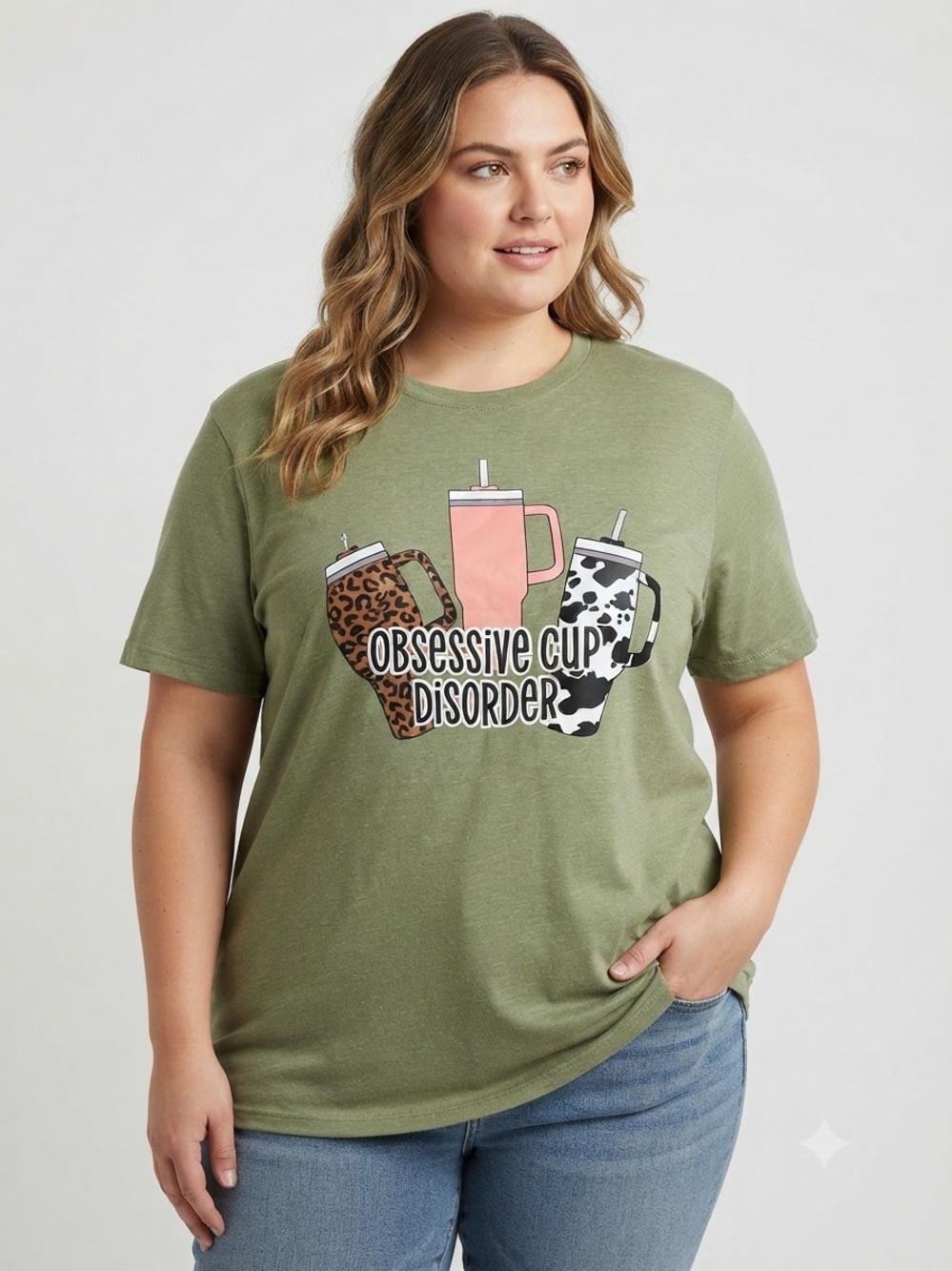 Olive Graphic Tee with Trio Cup Design
